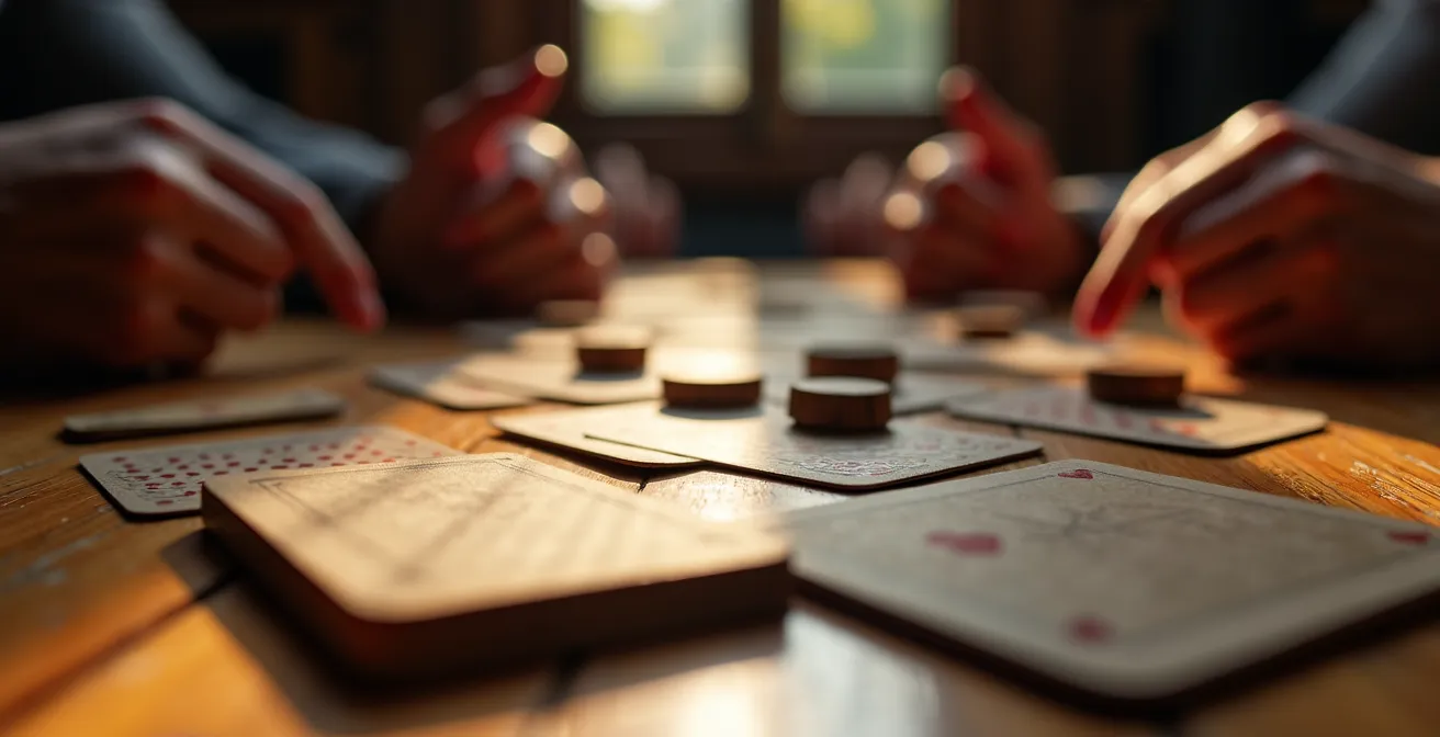 Makroaufnahme von Jass-Karten und Spielsteinen zeigt aktive kognitive Beschäftigung