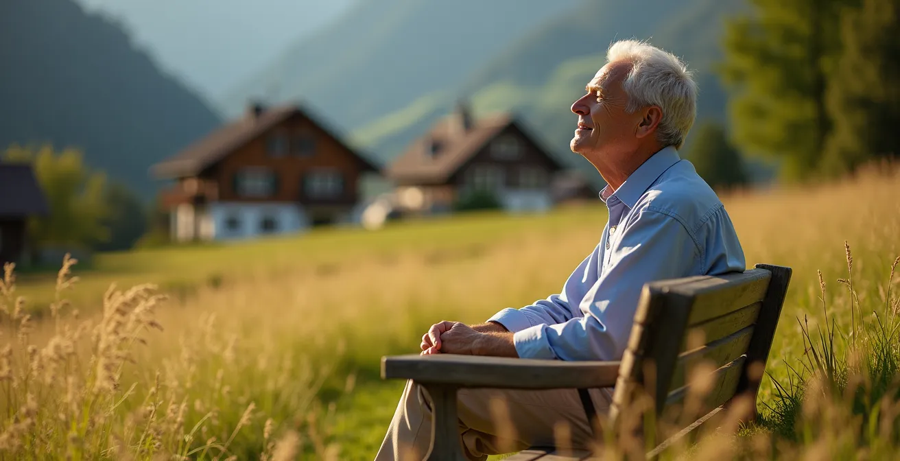 Person in meditativer Ruheposition mit Schweizer Bergen im Hintergrund