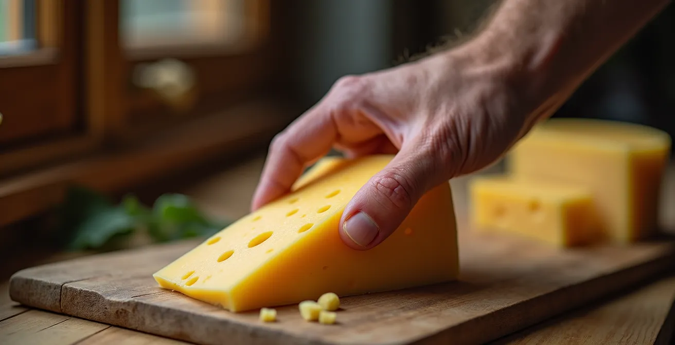 Nahaufnahme einer Hand, die achtsam ein Stück Gruyère-Käse auf rustikalem Holzbrett hält