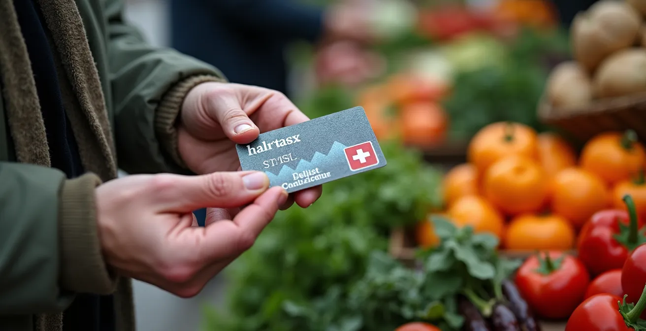 Nahaufnahme von Händen, die eine Schweizer Halbtax-Karte und frisches Gemüse halten, was den Transfer von Alltagsentscheidungen auf Reisen symbolisiert.