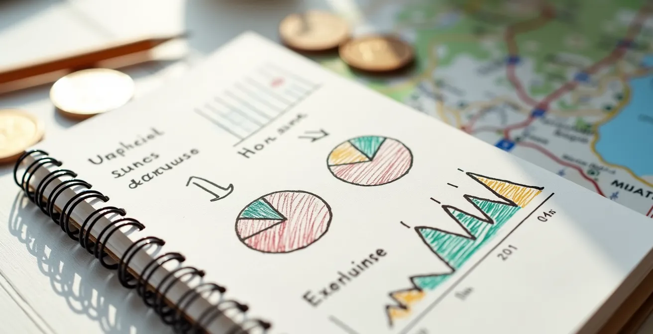 Aufgeklapptes Notizbuch mit handgezeichneten Diagrammen neben Schweizer Franken und Wanderkarte