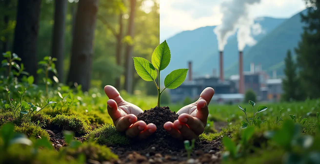 Kritische Darstellung der CO2-Kompensation mit einem Kontrast zwischen einem gesunden Schweizer Alpenwald und einer Industrieanlage.