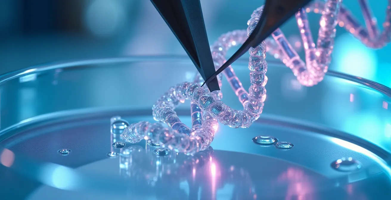 Makroaufnahme von CRISPR-Cas9 Genschere bei der DNA-Bearbeitung im Labor