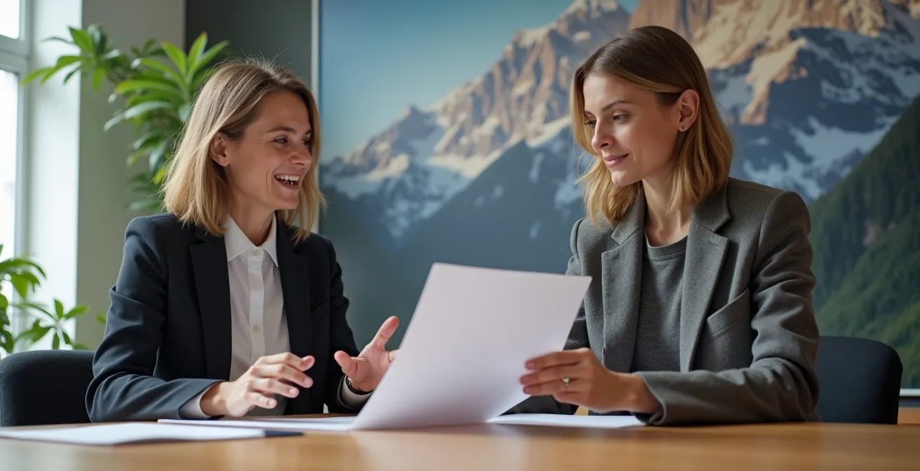 Zwei Kollegen im Schweizer Büro, die Wissen weitergeben und Teamdynamik zeigen, symbolisch für digitale Champions.