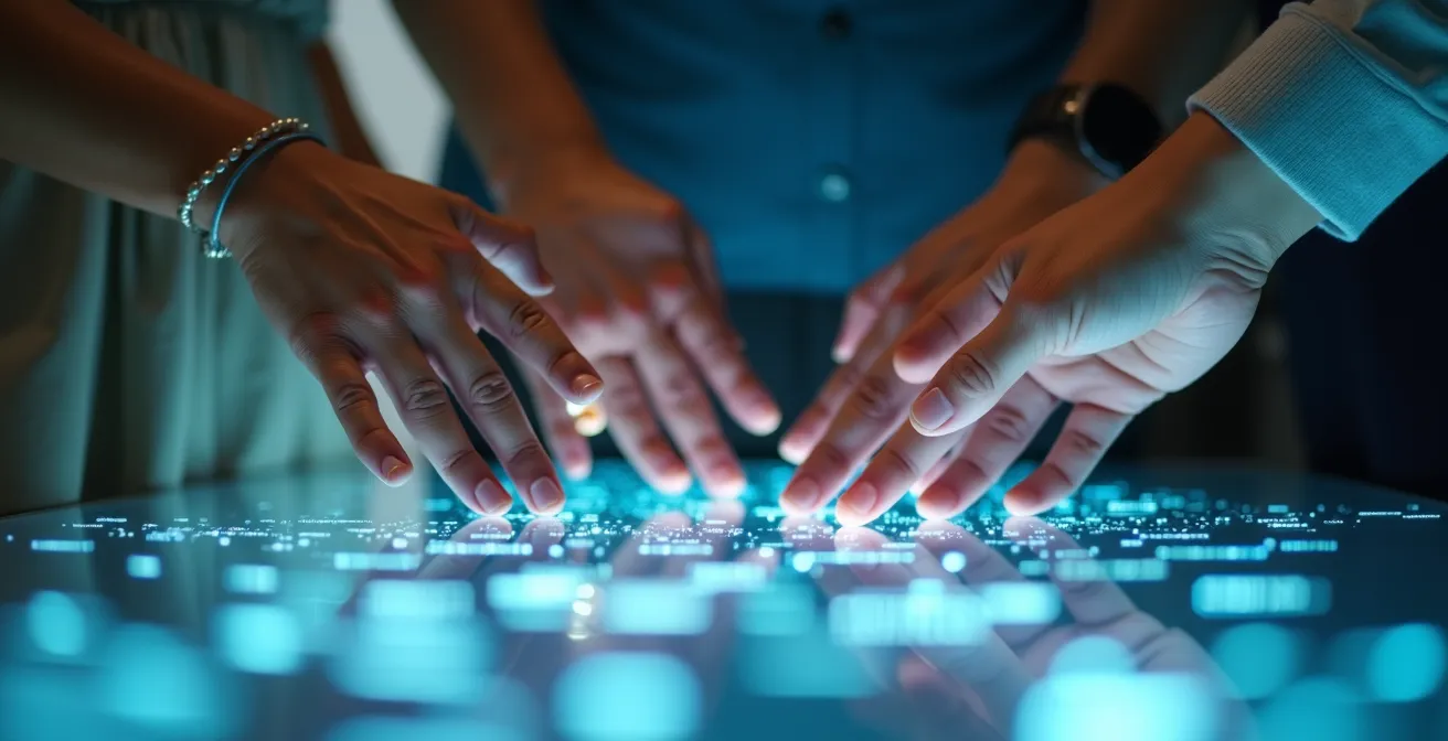 Hände von diversen Personen, die mit holografischen Datenprojektionen in einer Schweizer Büroumgebung arbeiten und digitale Transformation symbolisieren.