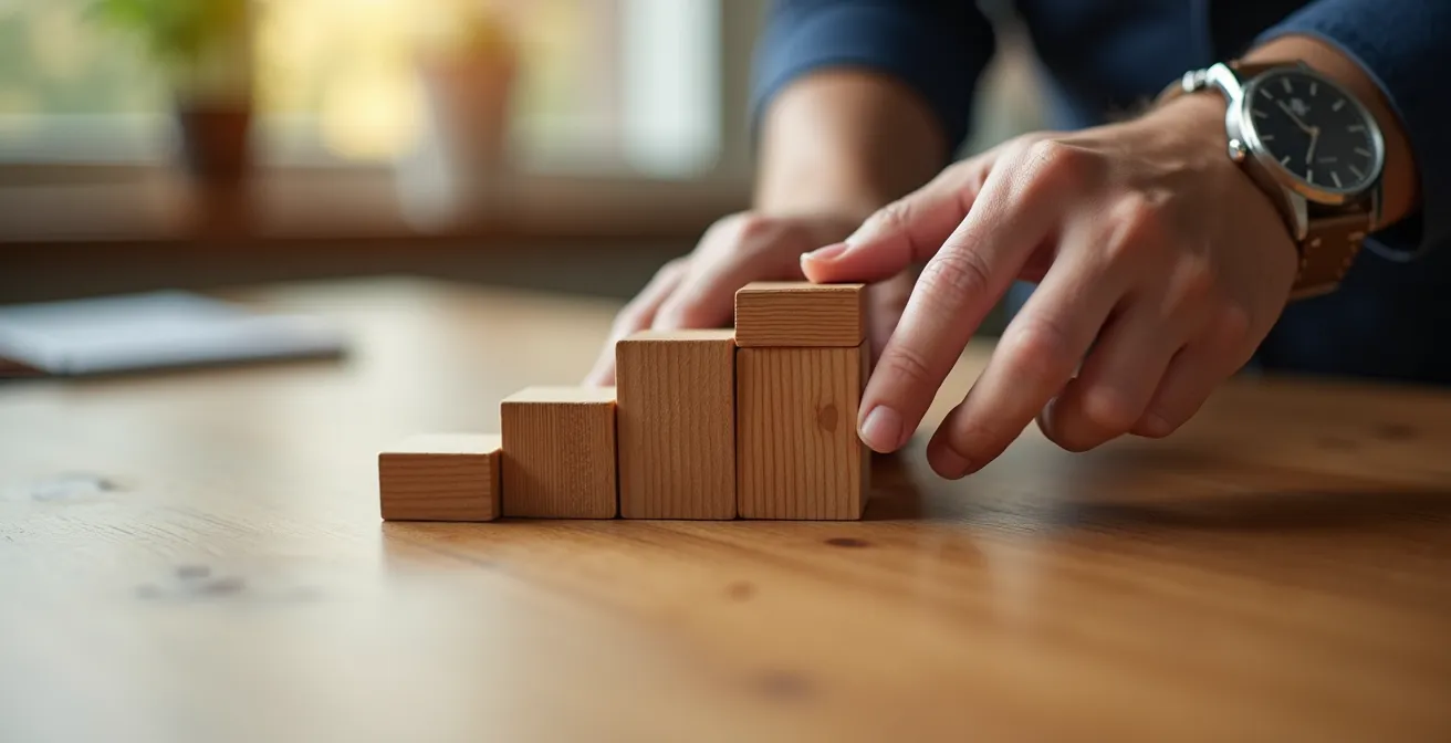 Detailaufnahme einer strategischen Planungsübung mit Schweizer Elementen, die den schrittweisen Aufbau einer Roadmap symbolisiert