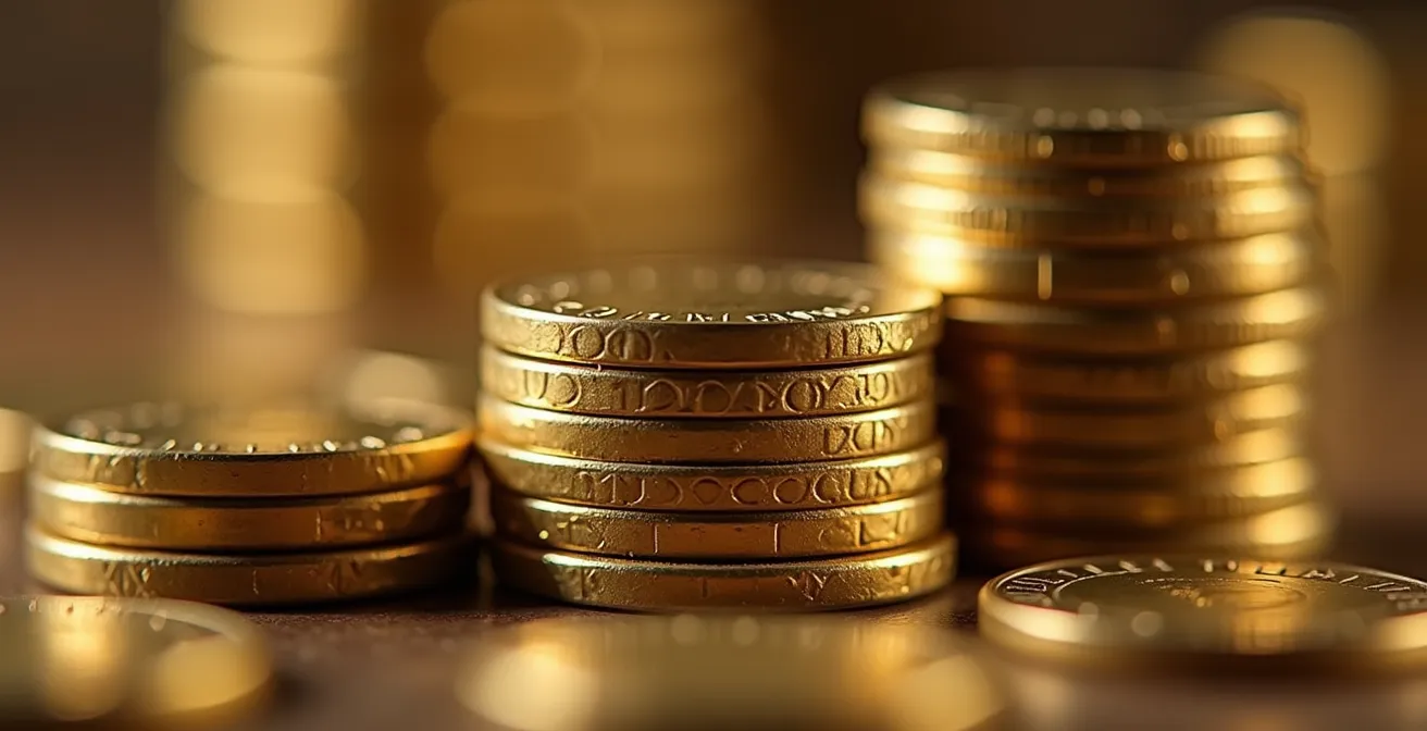 Makroaufnahme von gestapelten Schweizer Franken Münzen als Symbol der drei Säulen