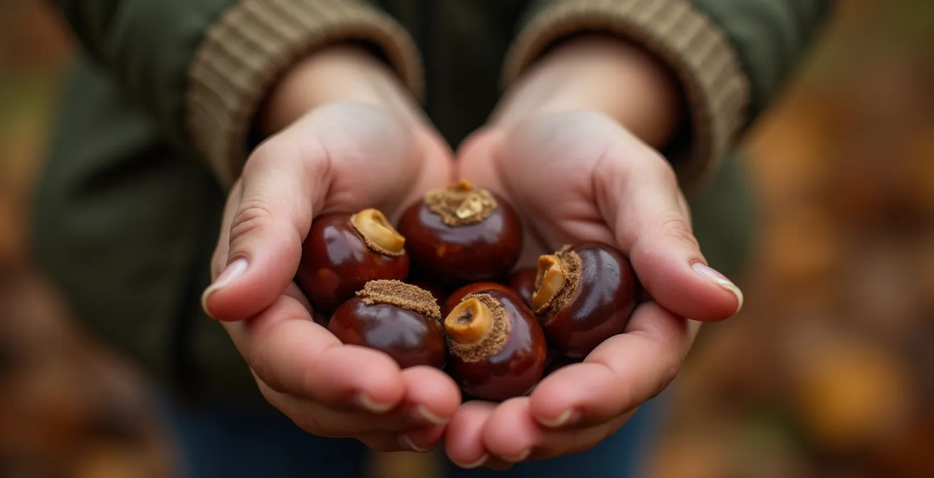 Familie beim gemeinsamen Sammeln von Kastanien für Vermicelles im herbstlichen Schweizer Wald