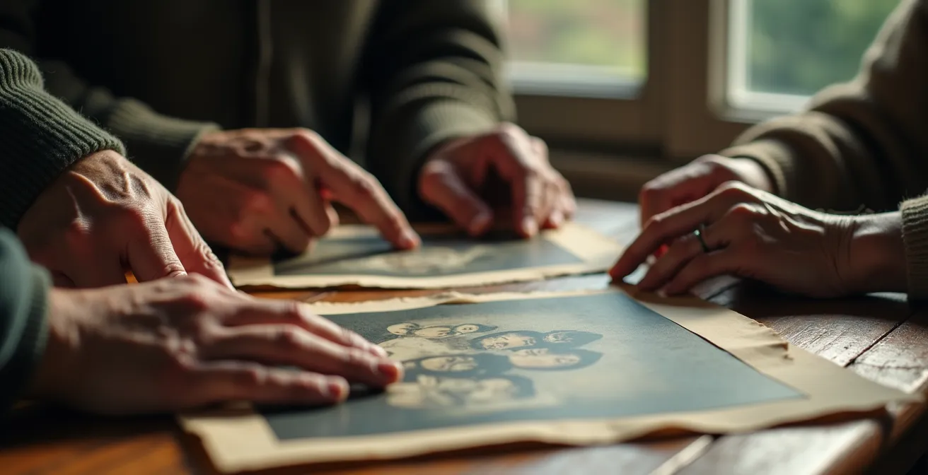 Drei Generationen einer Schweizer Familie beim gemeinsamen Betrachten alter Fotografien