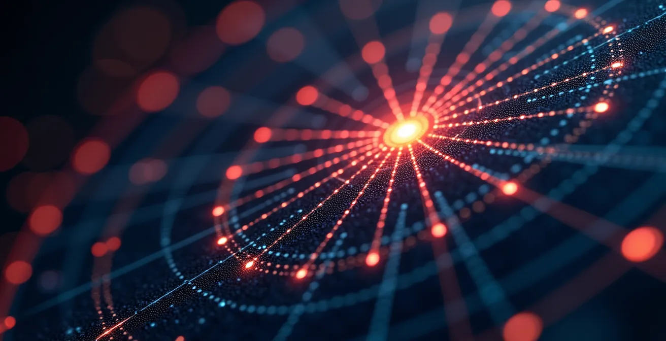 Makroaufnahme eines digitalen Technologie-Radars mit pulsierenden Signalpunkten