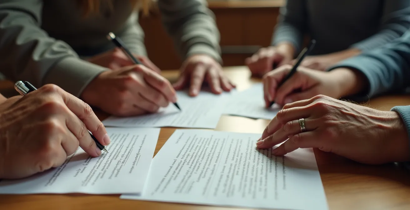 Nahaufnahme von Händen verschiedener Menschen, die gemeinsam an einem runden Tisch Dokumente bearbeiten