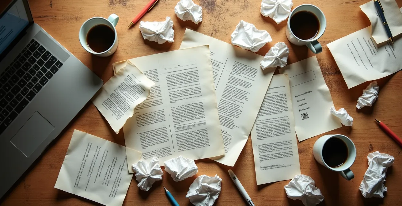 Überfüllter Schreibtisch mit zerknitterten Papieren und leeren Kaffeetassen aus der Vogelperspektive