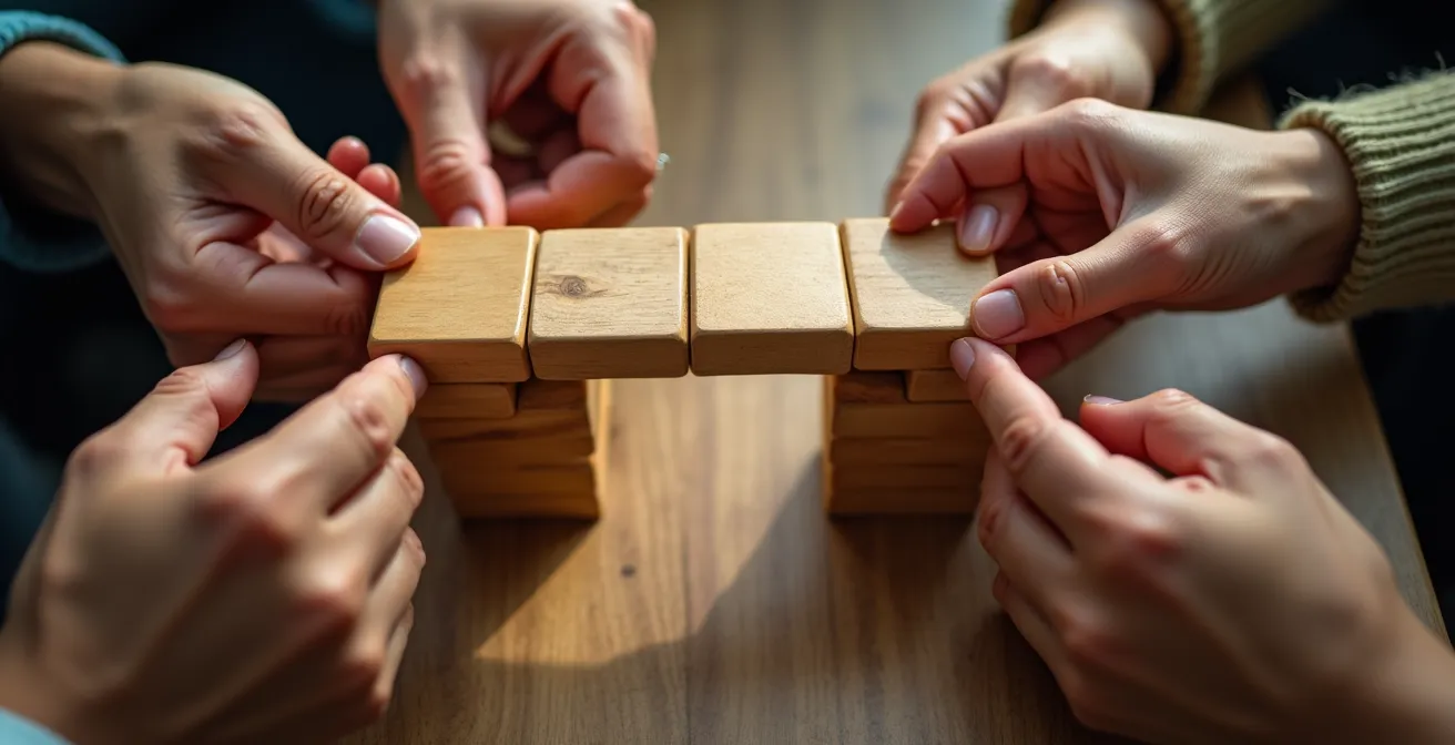 Nahaufnahme von Händen die gemeinsam Holzbausteine zu einer Brücke anordnen