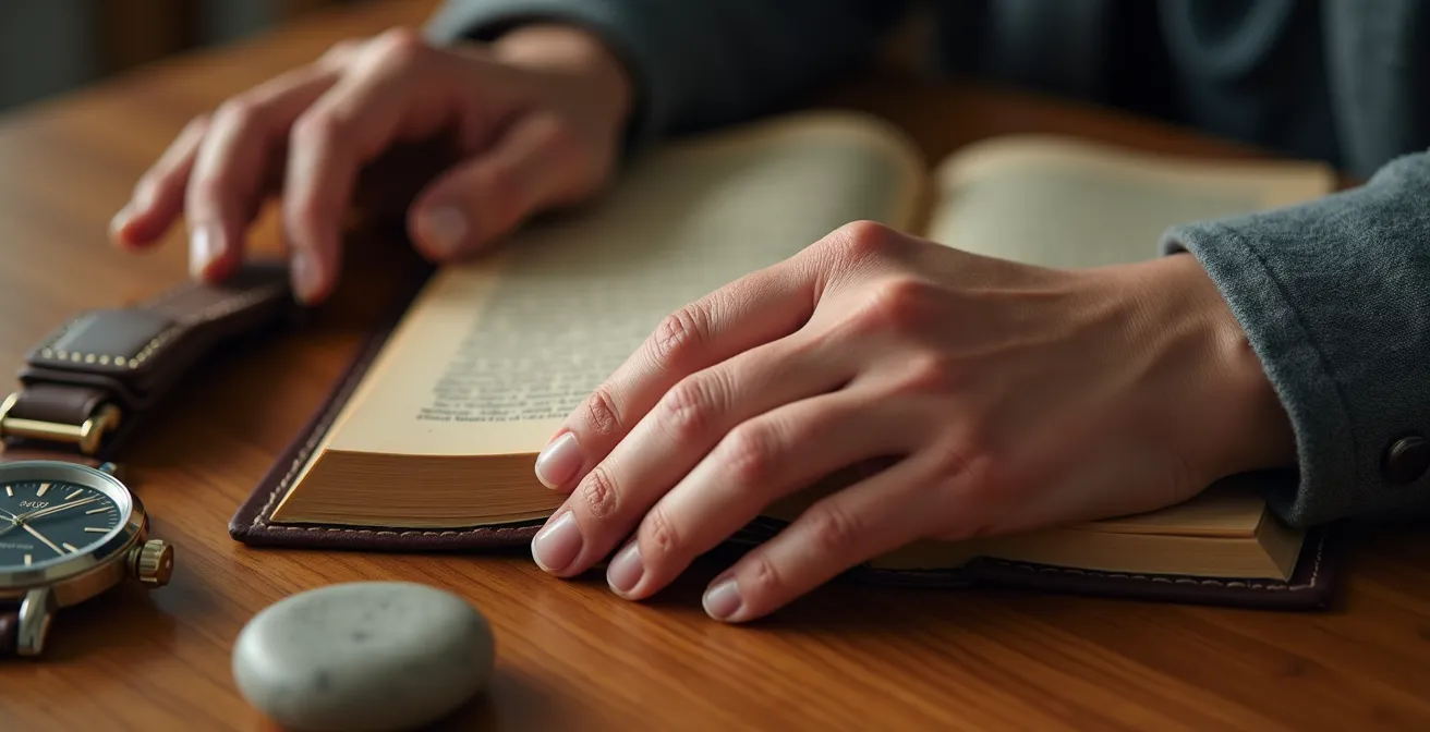 Nahaufnahme einer Hand, die achtsam über verschiedene analoge Objekte streicht statt zum Handy zu greifen