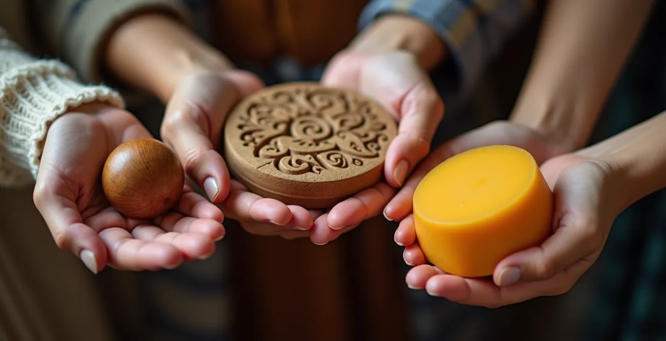 Nahaufnahme von Händen, die verschiedene traditionelle Schweizer Handwerksprodukte halten