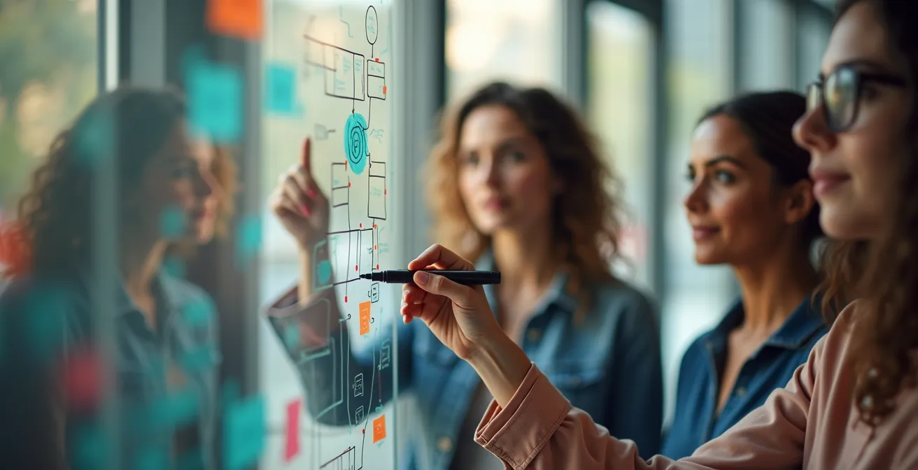 Team bei strategischer Innovationsplanung mit Mindmap an Glaswand