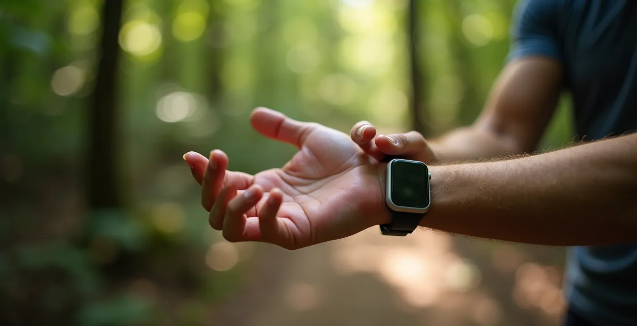 Wanderer prüft Puls am Handgelenk während moderater Bewegung in Schweizer Natur