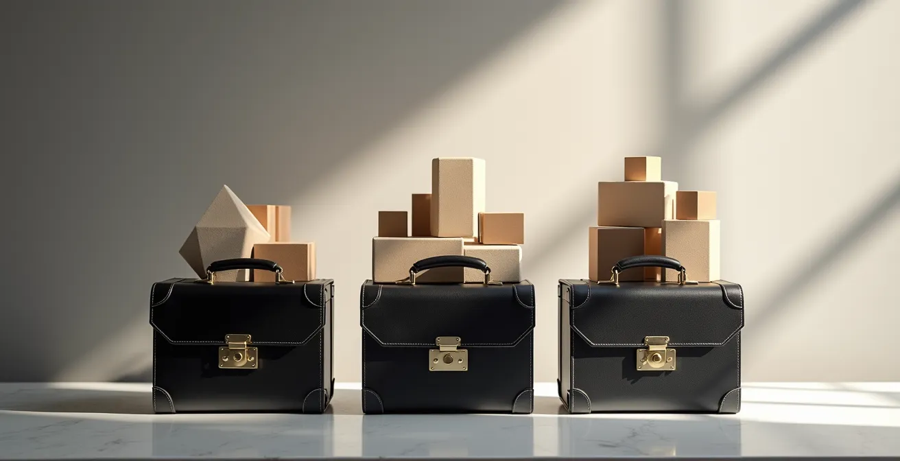 Visualisierung der Kaufkraftunterschiede zwischen der Schweiz, Deutschland und Österreich durch unterschiedlich gefüllte Aktenkoffer.