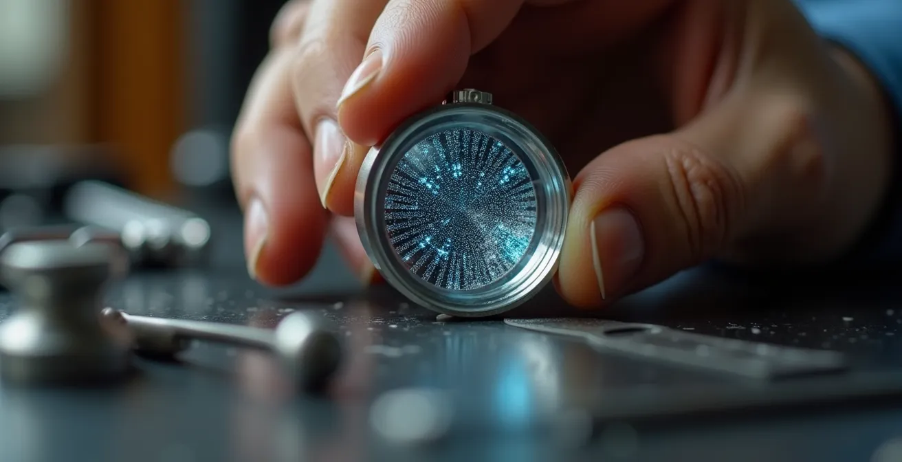 Makroaufnahme einer präzisen Schweizer Qualitätskontrolle bei KI-generierten Inhalten