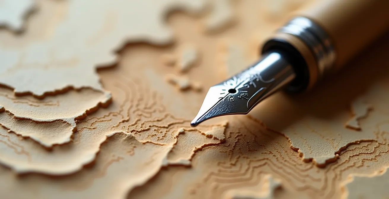 Aufgeschlagenes Notizbuch mit abstrakten Mustern und Bergkonturen im Hintergrund