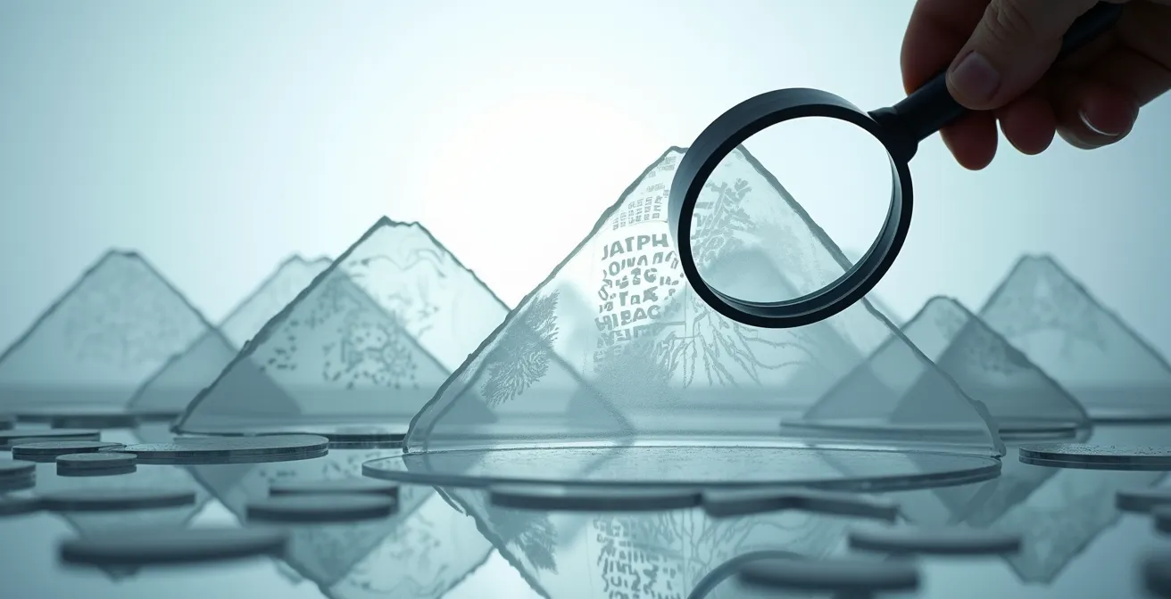 Abstrakte Darstellung übereinanderliegender Textebenen mit Schweizer Bergsilhouette