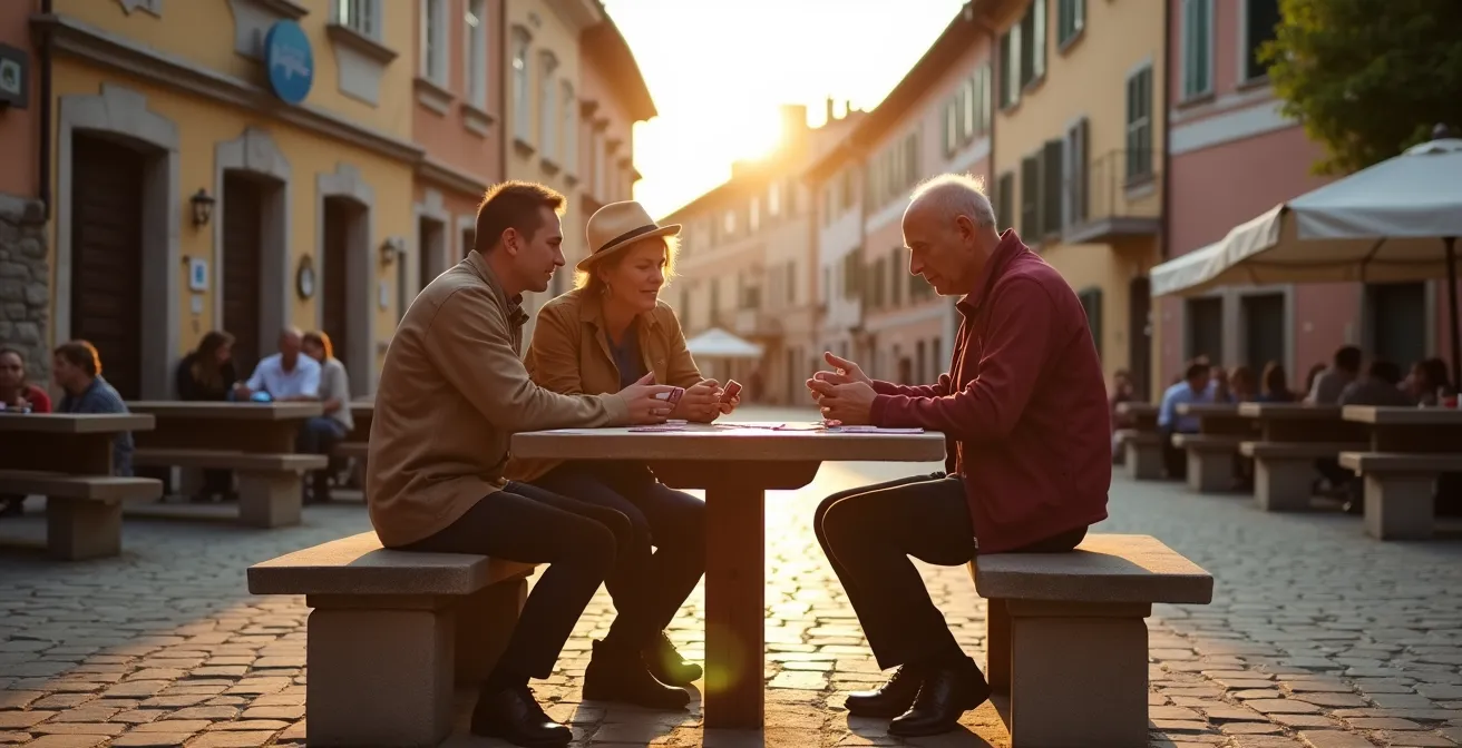 Reisende und Einheimische bei gemeinsamer Aktivität auf einem traditionellen Dorfplatz