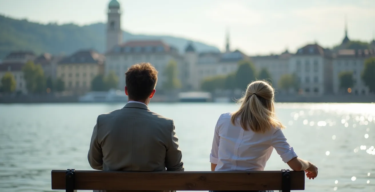 Person entspannt an einem städtischen See in der Schweiz während der Mittagspause