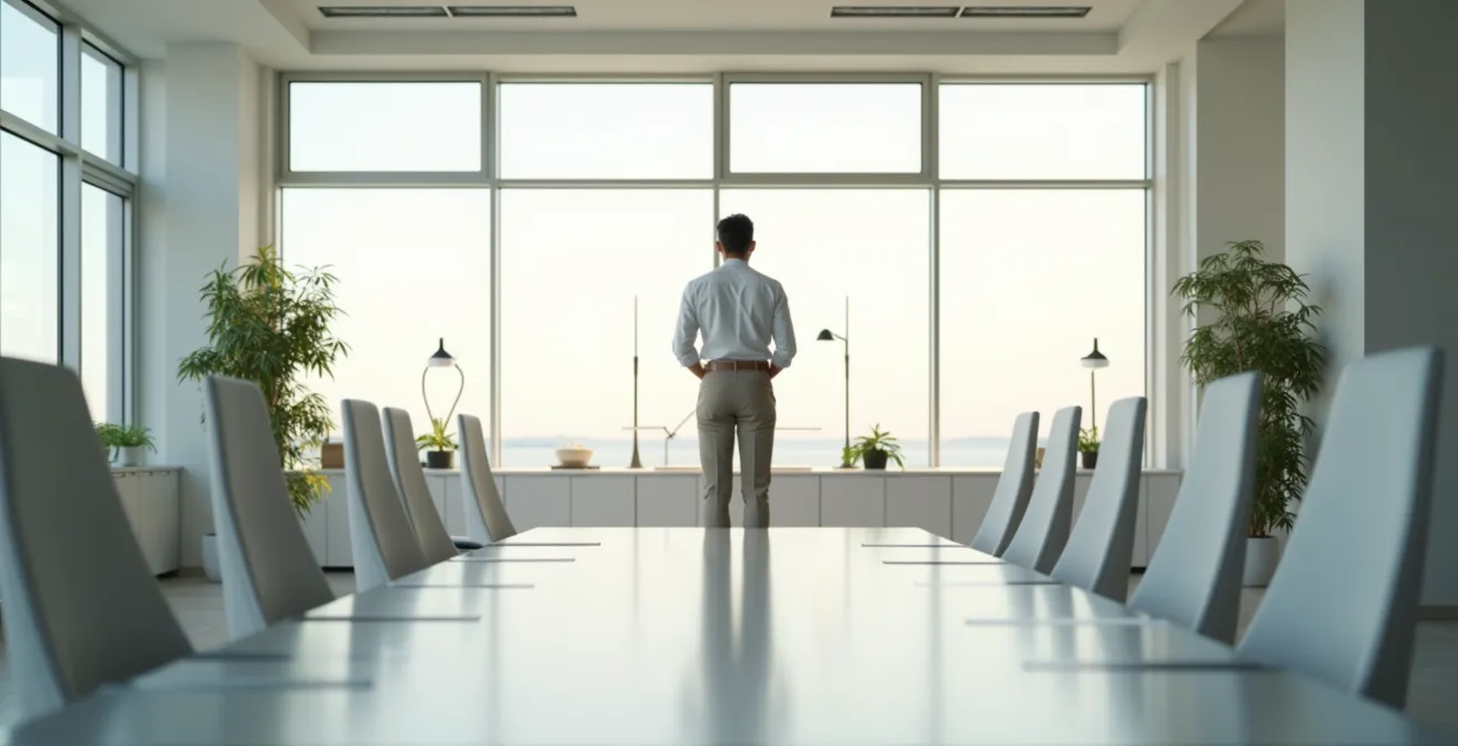 Weitwinkelaufnahme eines modernen Schweizer Büroraums mit Person in ruhiger, aufrechter Haltung