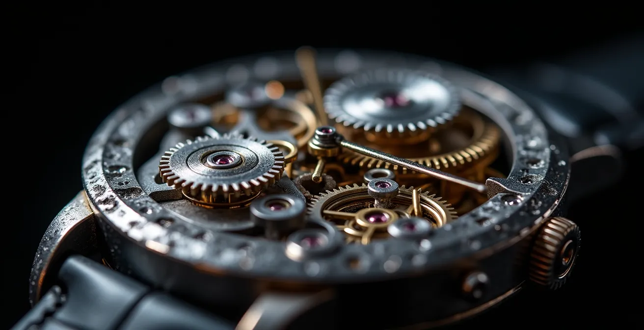 Ein zerbrochenes, perfektes Schweizer Uhrwerk, das den überwundenen Perfektionismus symbolisiert und den Kontrast zwischen erstarrten und beweglichen Teilen zeigt.
