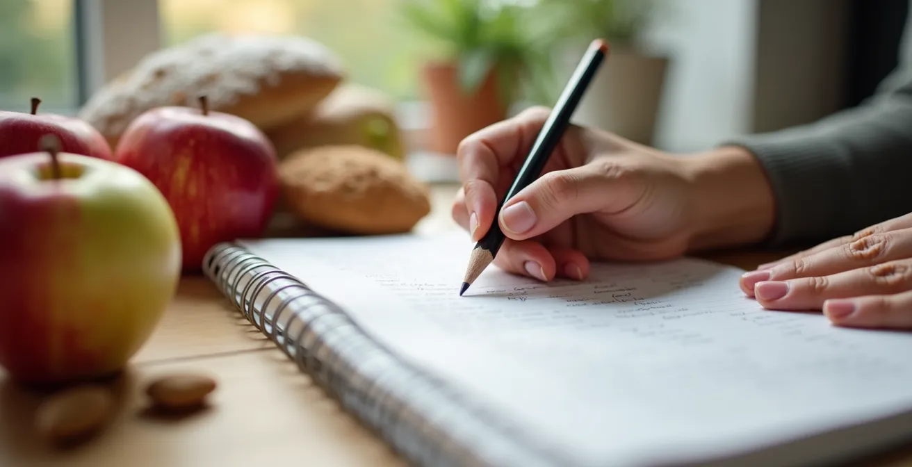 Nahaufnahme von Händen mit Gesundheitstagebuch und natürlichen Lebensmitteln