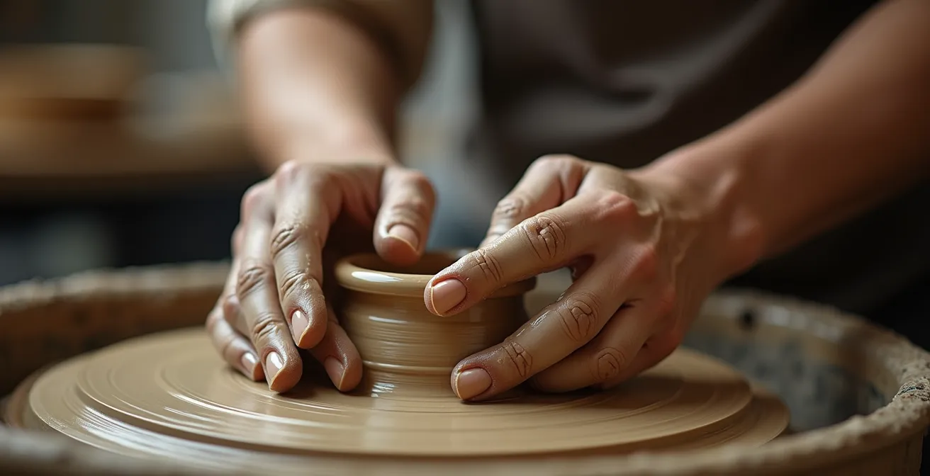 Hände formen Ton auf einer Töpferscheibe, Fokus auf den kreativen Prozess ohne Endziel
