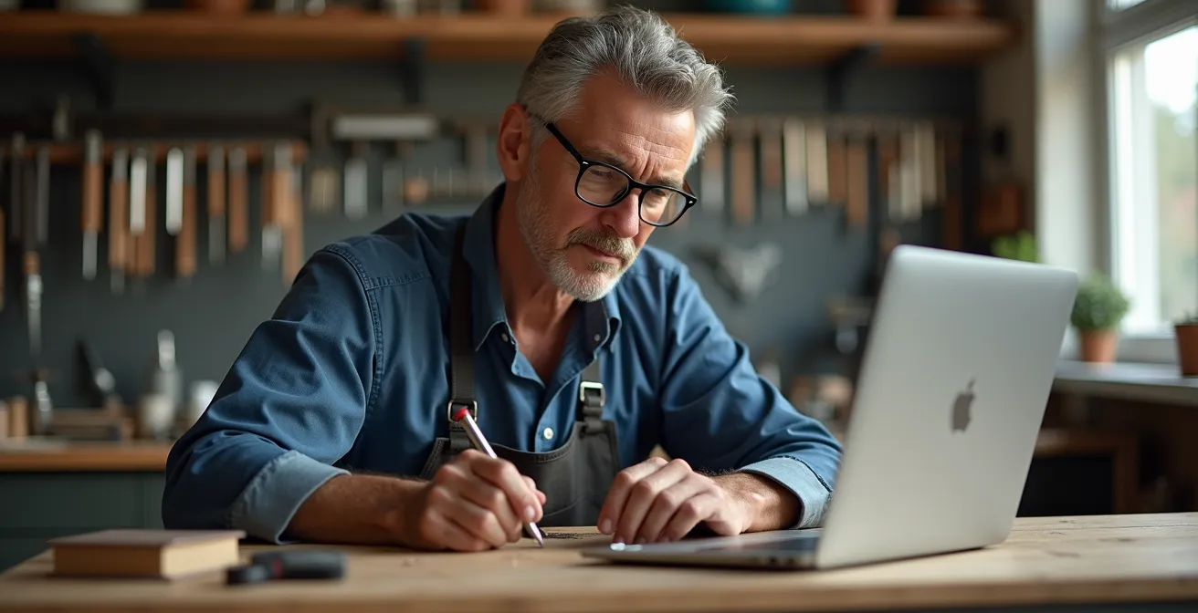 Berufstätige Person in Werkstatt mit Lehrbüchern symbolisiert dualen Bildungsweg