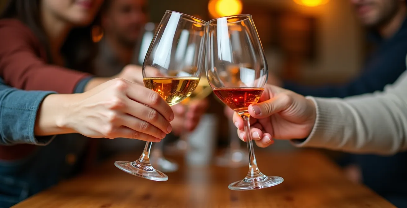 Nahaufnahme von Händen verschiedener Menschen beim Anstossen mit Weingläsern bei gemütlichem Apéro