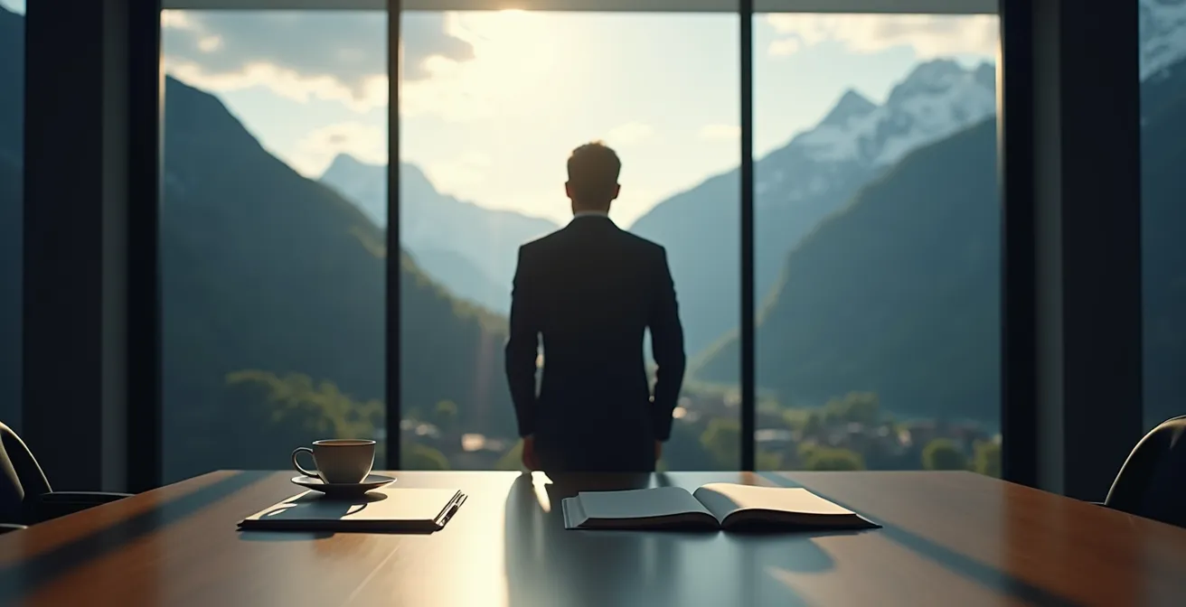 Geschäftsperson blickt aus einem sicheren Bürofenster auf die Schweizer Alpen mit mehreren Pfaden, die verschiedene Lebenswege symbolisieren