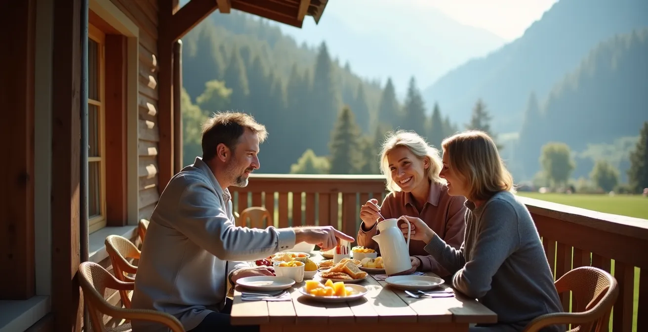 Schweizer Regionalpark mit nachhaltigen Tourismusangeboten, in dem eine Familie lokale Produkte auf einer Terrasse geniesst.