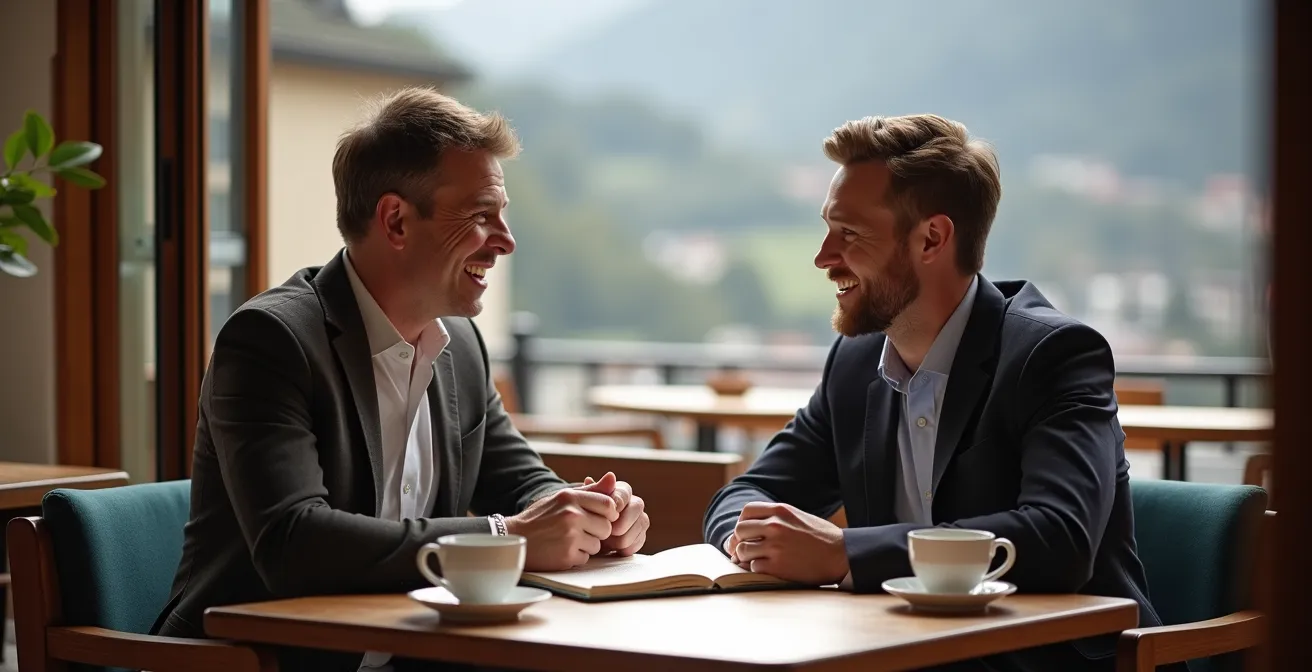 Zwei Personen im Café in Zürich beim Gespräch mit Notizbuch, symbolisch für die ersten Schritte der Zukunftsgestaltung
