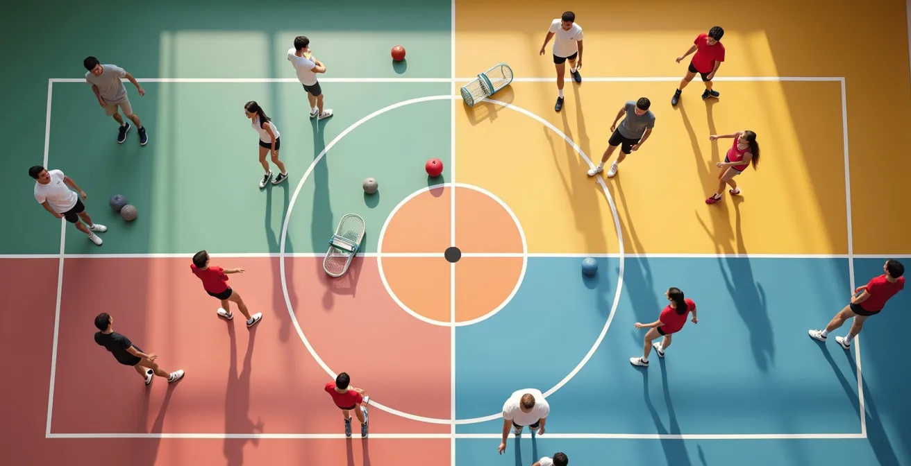 Diverse Sportgruppe beim Schnuppertraining in einer Schweizer Vereinshalle aus der Vogelperspektive.