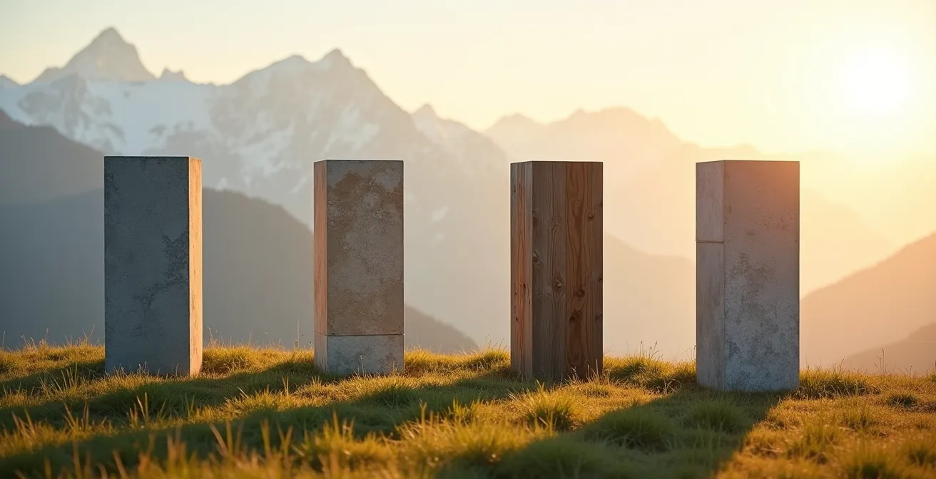 Vier symbolische Säulen aus unterschiedlichen Materialien, die in einer Schweizer Berglandschaft stehen und die vier Säulen des Resilienz-Portfolios repräsentieren.