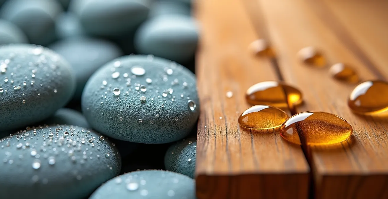 Visueller Vergleich zwischen günstigen, künstlichen Pseudo-Wellness-Materialien und authentischen, natürlichen Elementen wie Holz und Stein, die für evidenzbasierte Regeneration stehen.