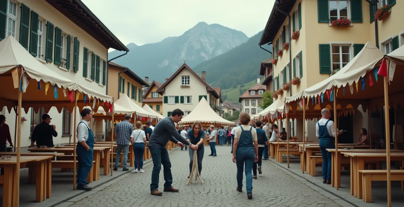 Ein neuer Bewohner hilft beim Aufbau eines traditionellen Festzelts während eines Quartierfests in einem Schweizer Dorf