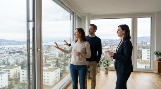 Internationale Familie bei Wohnungsbesichtigung mit Makler in Zürich