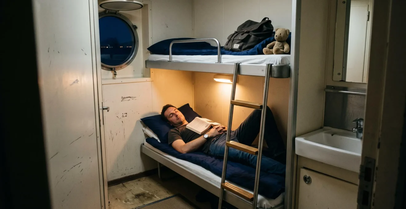 Ein Mann ruht auf dem unteren Bett in einer kompakten Fährkabine bei Nacht.