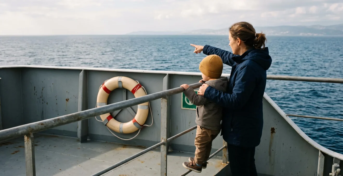 Eine Frau mit Kind steht am Relinggeländer einer Fähre und blickt auf das Meer hinaus.