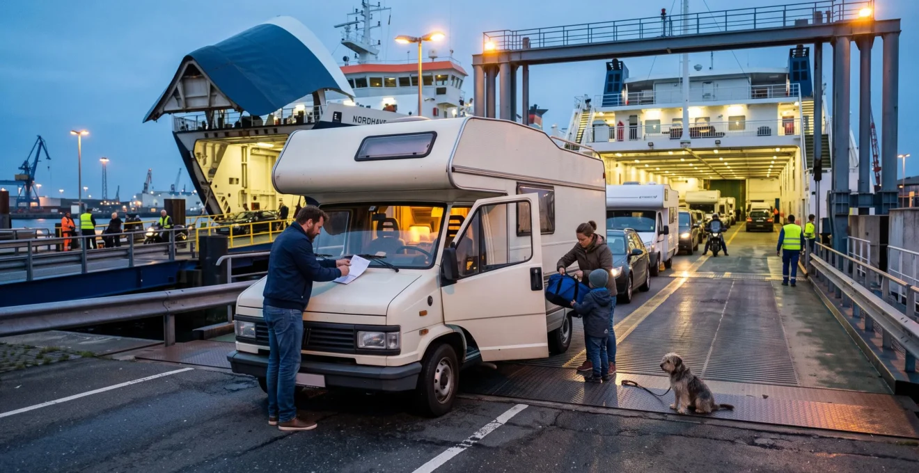 Ein Wohnmobil mit Familie fährt bei Abendlicht über die Rampe auf eine Fähre im Hafen.