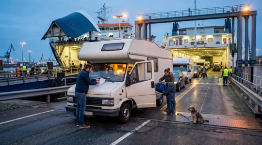 Ein Wohnmobil mit Familie fährt bei Abendlicht über die Rampe auf eine Fähre im Hafen.